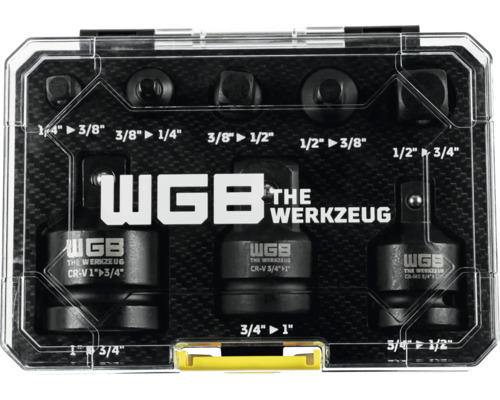 Set adaptori pentru chei tubulare WGB THE WERKZEUG, opt piese, din oțel crom-vanadiu și crom-molibden, în cutie de plastic.