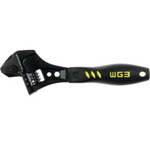 Cheie reglabilă neagră cu mâner ergonomic din plastic, scală milimetrică pe cap și orificiu de agățare.