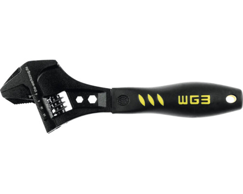 Cheie reglabilă neagră cu mâner ergonomic din plastic, scală milimetrică pe cap și orificiu de agățare.