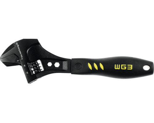 Cheie reglabilă neagră cu scală pe cap și mâner ergonomic.