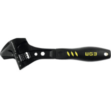 Cheie reglabilă din metal negru cu mâner ergonomic, scală de măsurare gravată și WG3 Logo.