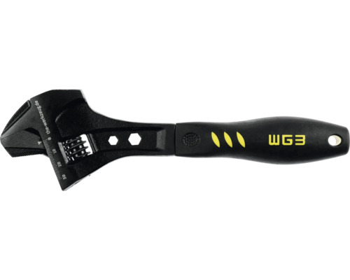 Cheie reglabilă din metal negru cu mâner ergonomic, scală de măsurare gravată și WG3 Logo.