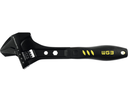 Cheie reglabilă neagră cu scală în milimetri și mâner ergonomic.