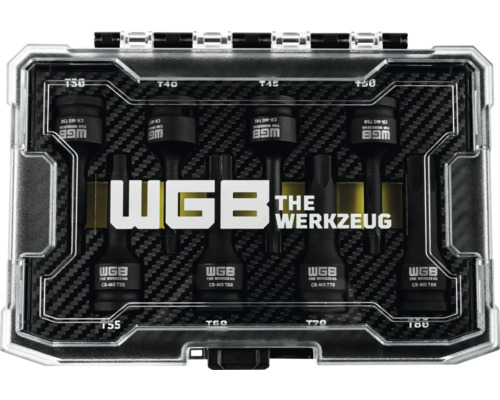 Set de 8 biți Torx WGB The Werkzeug din oțel crom-molibden în cutie de plastic.