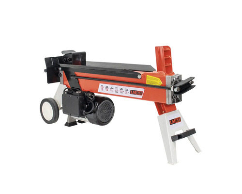 Despicător de lemne orizontal portocaliu LM60 cu motor electric, picioare de sprijin stabile și roți pentru transport.
