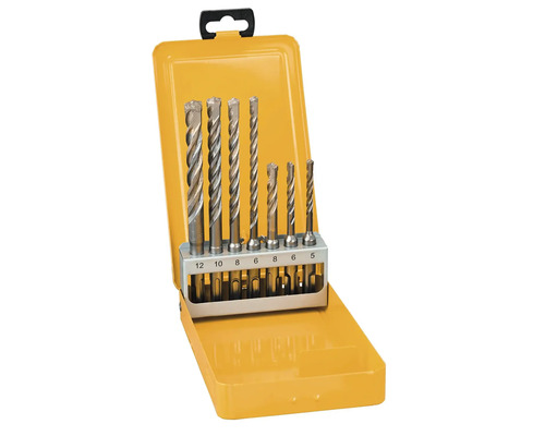 Set de 7 burghie pentru rotopercutor SDS-plus în casetă metalică, cu dimensiuni de la 5 la 12 mm.