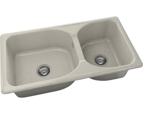 Chiuvetă dublă încorporabilă din compozit de granit cu două cuve de dimensiuni diferite și valve cu sită