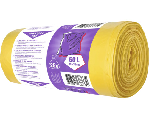 Pungi de gunoi Rakkuun, 25 de bucăți pe rolă, capacitate 60 de litri, dimensiuni 60 pe 75 centimetri.