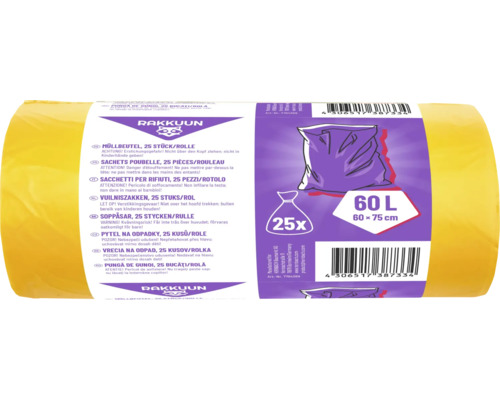 Pungi de gunoi galbene Rakkuun, 25 de bucăți pe rolă, 60 litri, 60 pe 75 centimetri.