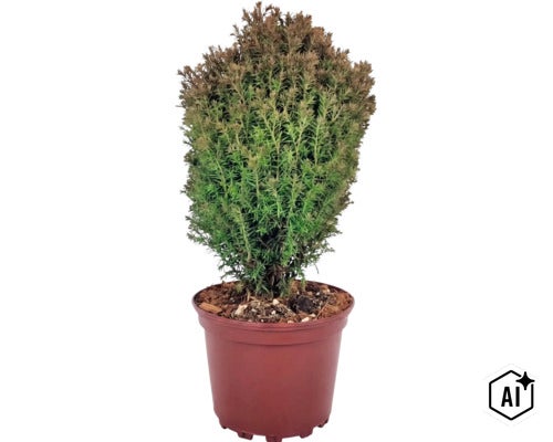Plantă mereu verde într-un ghiveci din plastic. (Image AI modified or generated)