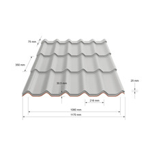 Placă de acoperiș din metal cu aspect de țiglă, cu dimensiuni pentru planificarea montajului.