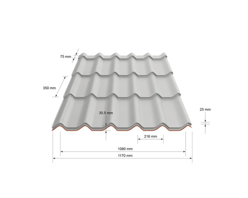 Placă de acoperiș din metal cu aspect de țiglă, cu dimensiuni pentru planificarea montajului.