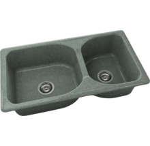Chiuvetă încorporabilă cu două cuve din material compozit, cu două cuve de dimensiuni diferite și ventil de scurgere.