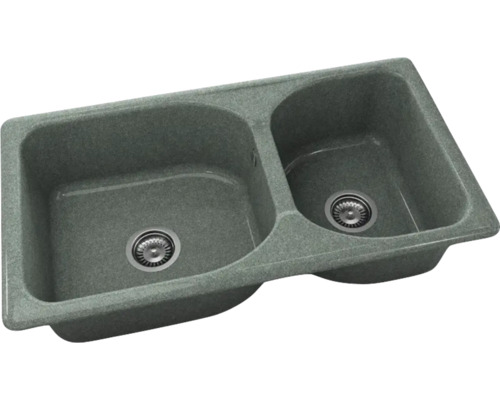 Chiuvetă încorporabilă cu două cuve din material compozit, cu două cuve de dimensiuni diferite și ventil de scurgere.