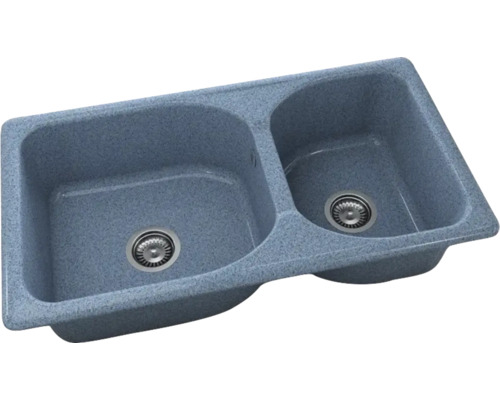 Chiuvetă de bucătărie dublă din compozit de granit cu ventile tip sită integrate.