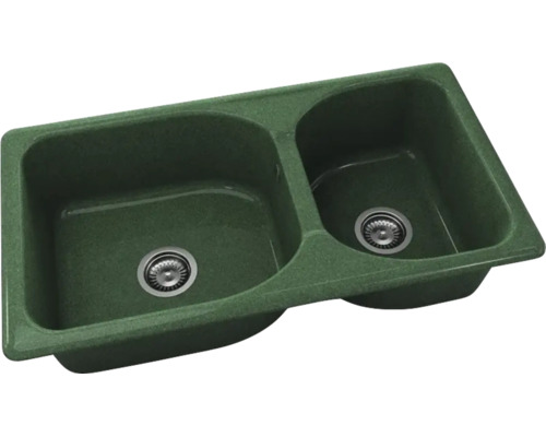 Chiuvetă dublă de bucătărie din compozit de granit verde cu două cuve.