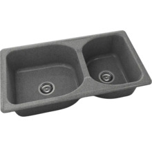 Chiuvetă dublă din granit gri, cu două cuve de dimensiuni diferite și ventile cu sită.