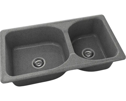 Chiuvetă dublă din granit gri, cu două cuve de dimensiuni diferite și ventile cu sită.