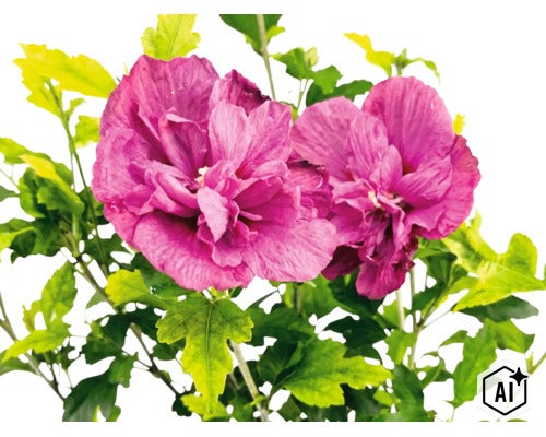 Prim-plan cu două flori de hibiscus violet bătute cu frunze verzi. (Image AI modified or generated)