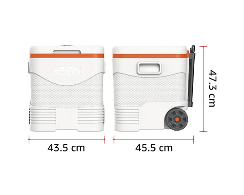 Ladă frigorifică mobilă pe roți cu dimensiunile: lățime 43,5 centimetri, adâncime 45,5 centimetri, înălțime 47,3 centimetri.