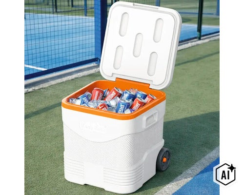 Ladă frigorifică mobilă pe roți cu capacul deschis, umplută cu gheață și doze de băuturi, pe un teren de sport. (Image AI modified or generated)