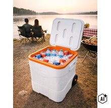 Lado frigorifică mobilă cu roți, umplută cu gheață, doze și sticle, în fundal un lac și o scenă de camping. (Image AI modified or generated)