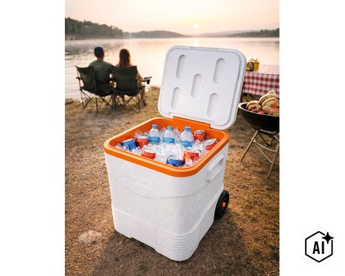 Lado frigorifică mobilă cu roți, umplută cu gheață, doze și sticle, în fundal un lac și o scenă de camping. (Image AI modified or generated)