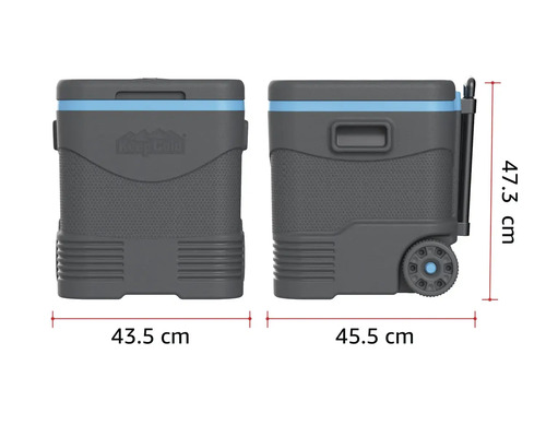 Ladă frigorifică Keep Cold cu roți și mâner în comparație dimensională cu dimensiuni 43,5 cm lățime 45,5 cm adâncime și 47,3 cm înălțime
