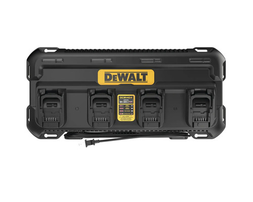 Încărcător rapid cvadruplu DeWalt pentru acumulatori cu patru porturi de încărcare și cablu de alimentare.