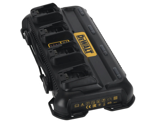 Încărcător rapid multi-port DeWalt pentru acumulatori cu patru sloturi de încărcare și DeWalt Logo.