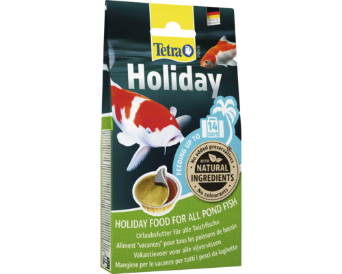 Hrană de vacanță Tetra Pond Holiday pentru toți peștii de iaz, hrănire până la 14 zile, ingrediente naturale fără conservanți și coloranți.
