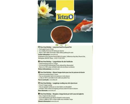 Bloc de hrană pe termen lung Tetra Pond Holiday pentru toți peștii de iaz asigurând hrănirea până la 14 zile în absență cu logo Tetra Pond