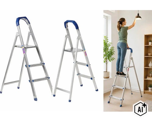 O scară pliabilă din aluminiu cu trei trepte și mâner de siguranță, utilizată de o persoană într-un spațiu interior. (Image AI modified or generated)