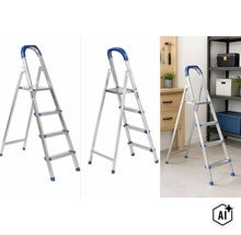 O scară de uz casnic din aluminiu cu trei trepte, prevăzută cu mâner de siguranță și trepte antiderapante, pentru casă și atelier. (Image AI modified or generated)