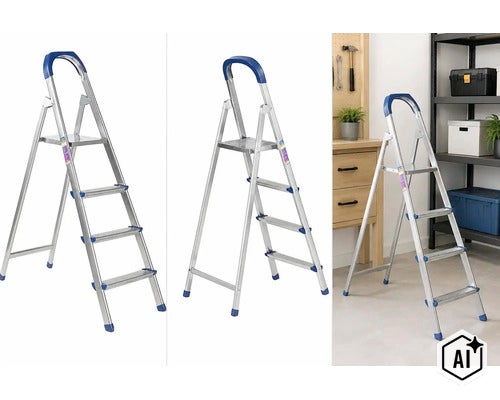 O scară de uz casnic din aluminiu cu trei trepte, prevăzută cu mâner de siguranță și trepte antiderapante, pentru casă și atelier. (Image AI modified or generated)