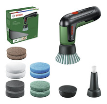 Perie de curățare cu acumulator Bosch Taydo cu set de accesorii incluzând diverse capete și bureți de curățare în ambalaj.