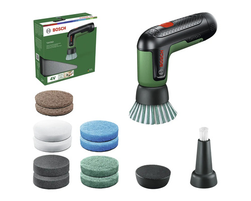 Perie de curățare cu acumulator Bosch Taydo cu set de accesorii incluzând diverse capete și bureți de curățare în ambalaj.