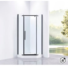 Cabină de duș pentagonală cu sticlă transparentă și cadru negru într-un mediu modern de baie. (Image AI modified or generated)