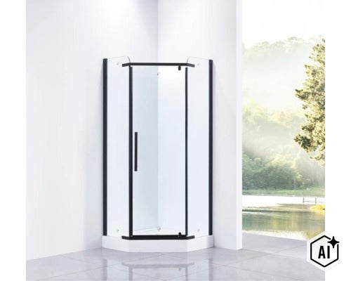 Cabină de duș pentagonală cu sticlă transparentă și cadru negru într-un mediu modern de baie. (Image AI modified or generated)