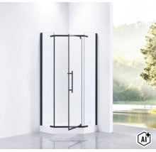 Cabină de duș pentagonală cu sticlă transparentă și cadru negru într-o baie modernă. (Image AI modified or generated)