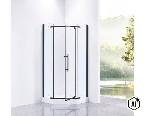 Cabină de duș pentagonală cu sticlă transparentă și cadru negru într-o baie modernă. (Image AI modified or generated)