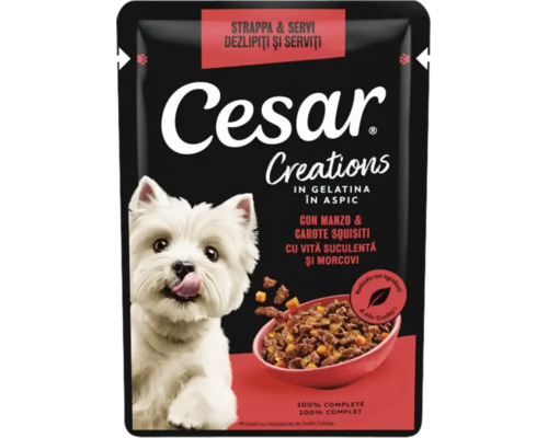 Hrana umeda pentru caini Cesar Creations cu vita si morcovi in aspic plic