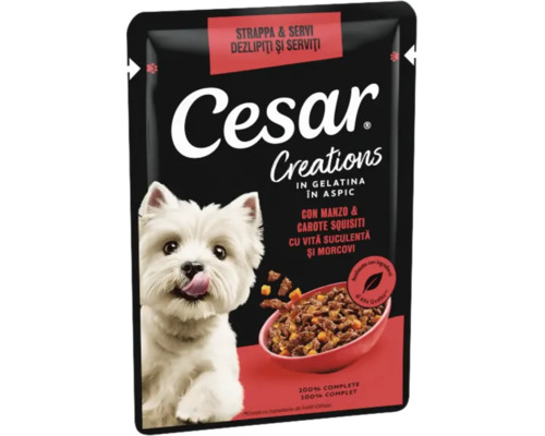 Hrană umedă pentru câini Cesar Creations în plic cu vită și morcovi în aspic