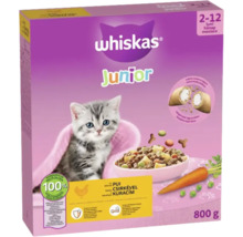 Whiskas Junior hrană uscată pentru pisoi cu pui pentru pisoi de la două la douăsprezece luni, pachet de 800 grame.