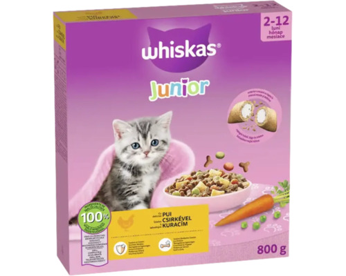 Whiskas Junior hrană uscată pentru pisoi cu pui pentru pisoi de la două la douăsprezece luni, pachet de 800 grame.