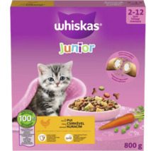 Hrană uscată Whiskas Junior cu pui pentru pisici cu vârsta între 2 și 12 luni, pachet de 800 grame.