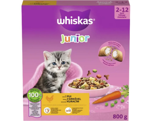 Hrană uscată Whiskas Junior cu pui pentru pisici cu vârsta între 2 și 12 luni, pachet de 800 grame.