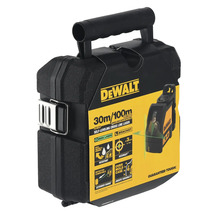 Laser cu linii în cruce autonivelant DeWalt într-o carcasă de transport cu specificații tehnice și funcții pe ambalaj.