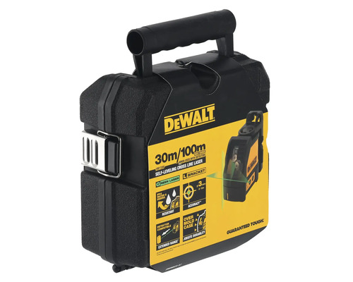 Laser cu linii în cruce autonivelant DeWalt într-o carcasă de transport cu specificații tehnice și funcții pe ambalaj.