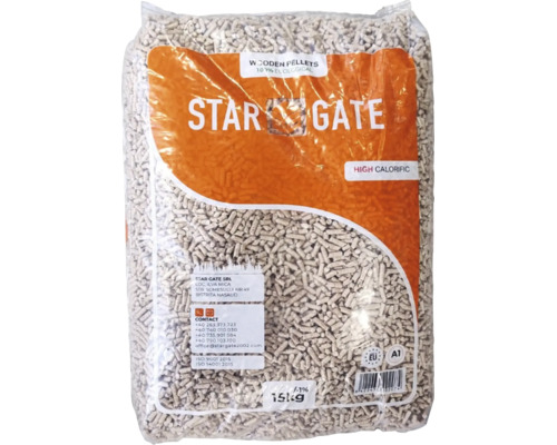Sac cu 15 kilograme de peleti din lemn marca Stargate pentru sisteme de incalzire.